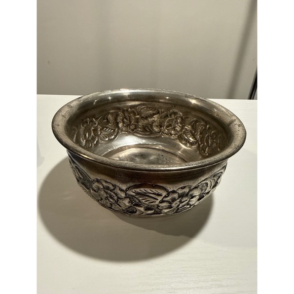 Other - Vintage Silver Tone Embossed Floral Metal Bowl Made in India‎ Decorative 6 Inch